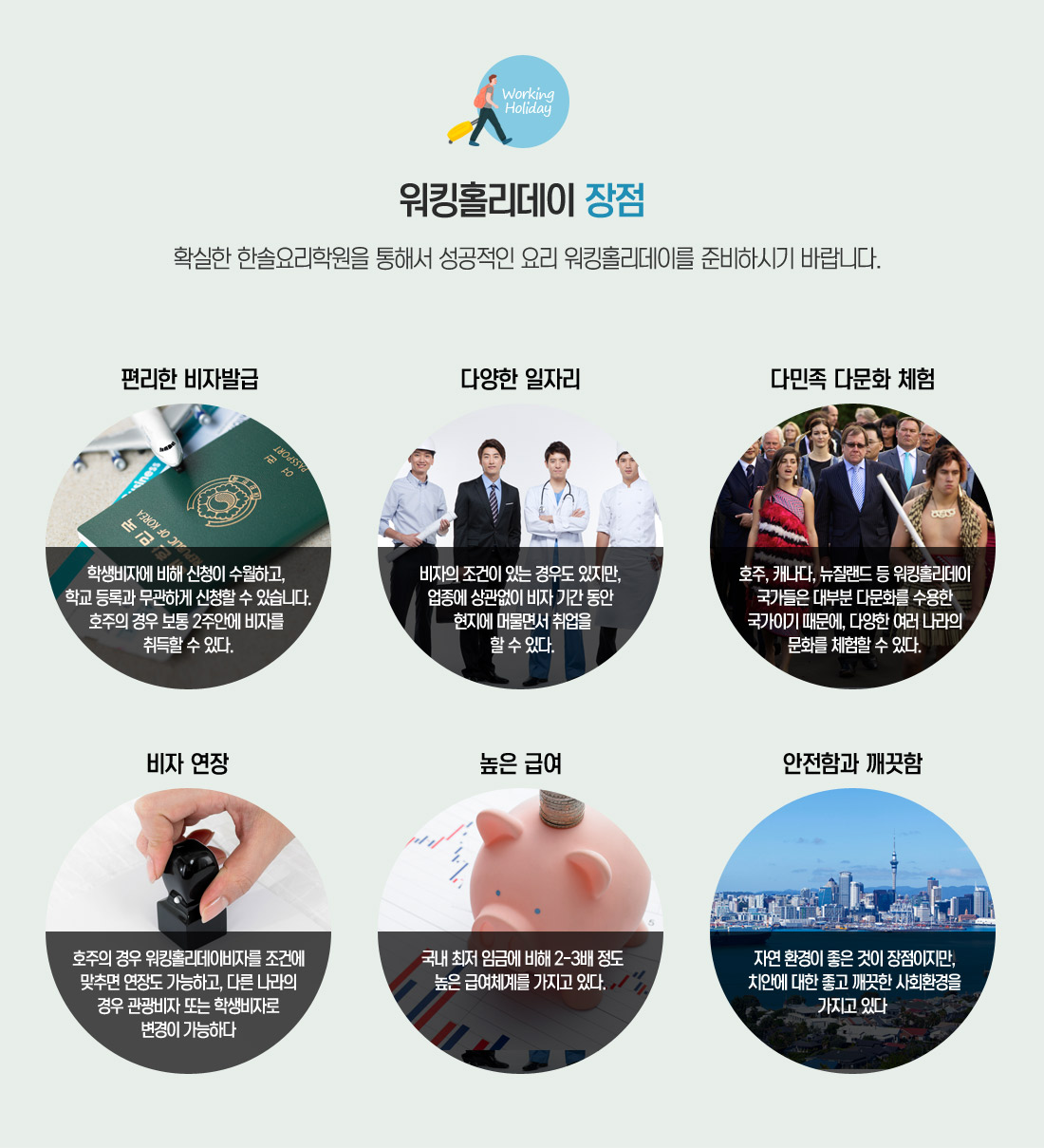 워킹홀리데이 장점
		                                                   편리한 비자발급/다양한일자리/다민족다문화체험/비자연장/높은급여/안전함과 깨끗함